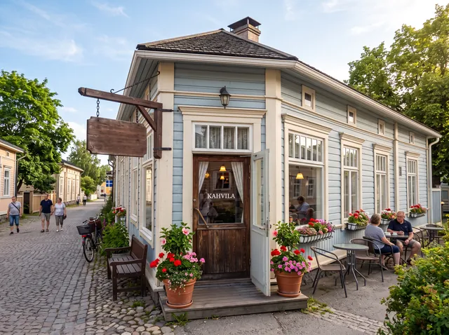 Kahvilan julkisivu ja sisäänkäynti
