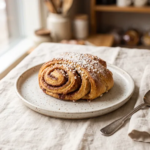 Korvapuusti raesokerilla lautasella